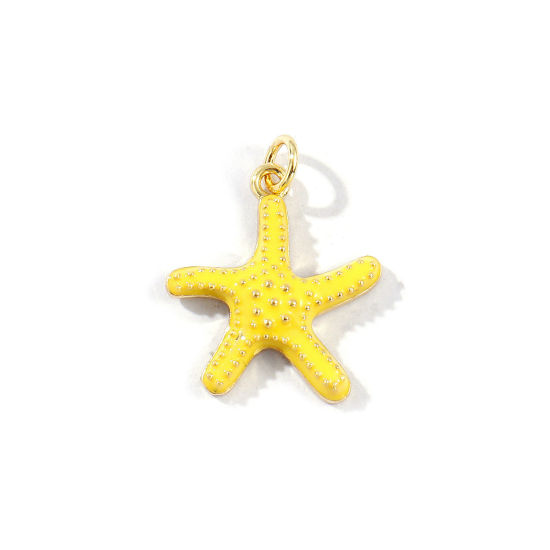 Picture of 2 PCs Eco-friendly Brass Ocean Jewelry Charms 18K Real Gold Plated Yellow Enamel Starfish 23mm x 18mm