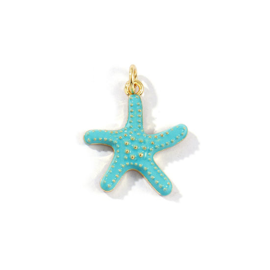 Picture of 2 PCs Eco-friendly Brass Ocean Jewelry Charms 18K Real Gold Plated Mint Green Enamel Starfish 23mm x 18mm