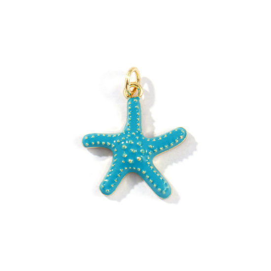 Picture of 2 PCs Eco-friendly Brass Ocean Jewelry Charms 18K Real Gold Plated Green Blue Enamel Starfish 23mm x 18mm