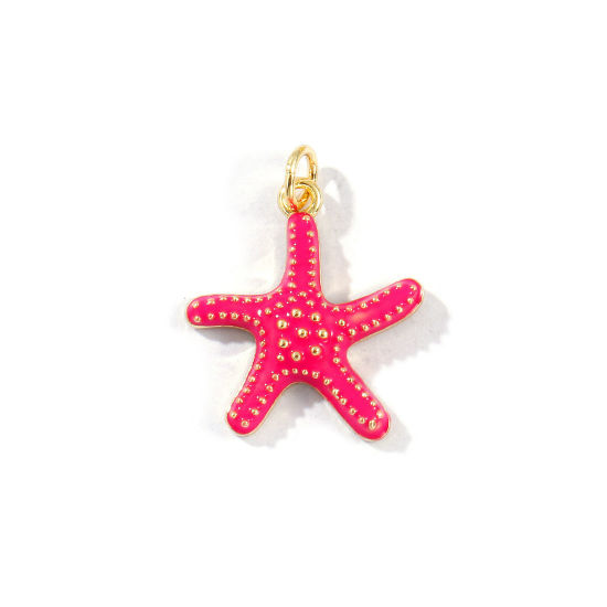 Picture of 2 PCs Eco-friendly Brass Ocean Jewelry Charms 18K Real Gold Plated Fuchsia Enamel Starfish 23mm x 18mm