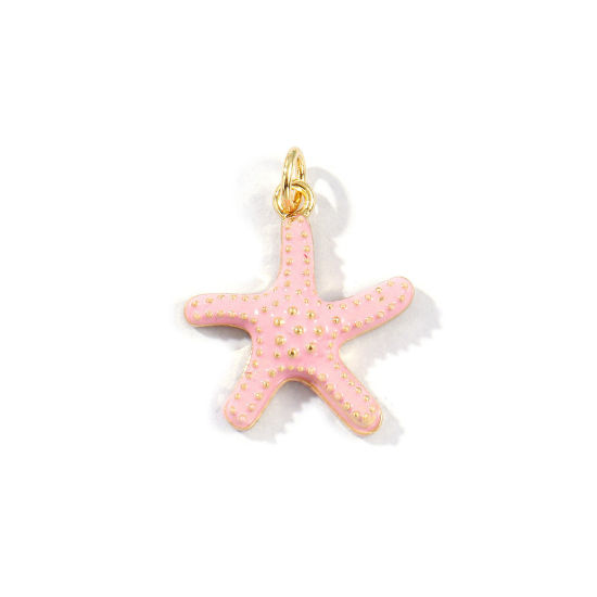 Picture of 2 PCs Eco-friendly Brass Ocean Jewelry Charms 18K Real Gold Plated Light Pink Enamel Starfish 23mm x 18mm