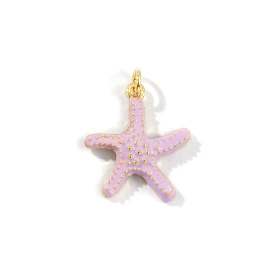Picture of 2 PCs Eco-friendly Brass Ocean Jewelry Charms 18K Real Gold Plated Mauve Enamel Starfish 23mm x 18mm