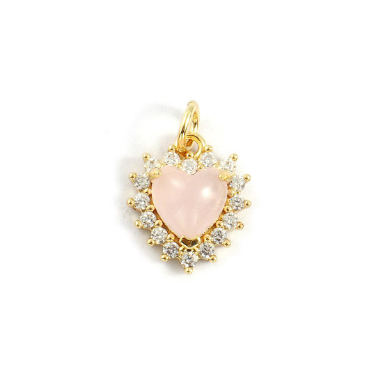 1 Piece Eco-friendly Brass Valentine's Day Charms 18K Real Gold Plated Light Pink Heart With Synthetic Gemstone Cabochons Clear Cubic Zirconia 17mm x 11mm の画像