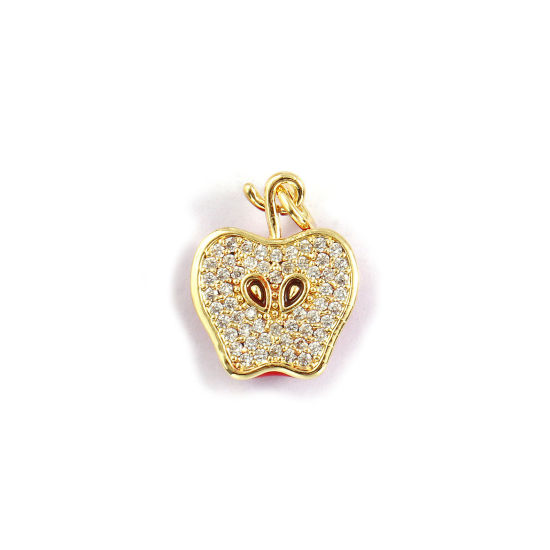 1 Piece Eco-friendly Brass Flora Collection Charms 18K Real Gold Plated Red Enamel Apple Fruit 3D Clear Cubic Zirconia 19mm x 12.5mm の画像