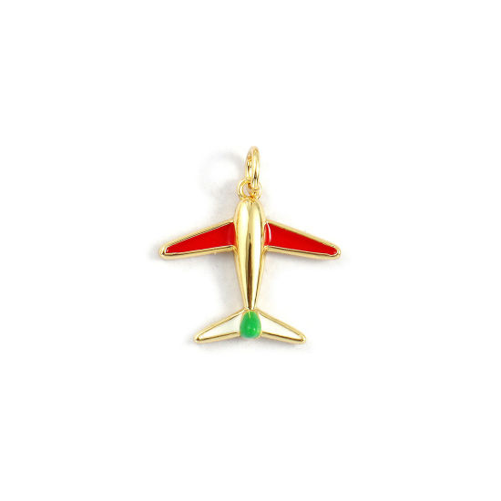1 Piece Eco-friendly Brass Travel Charms 18K Real Gold Plated Red Enamel Airplane 3D 20mm x 18mm の画像