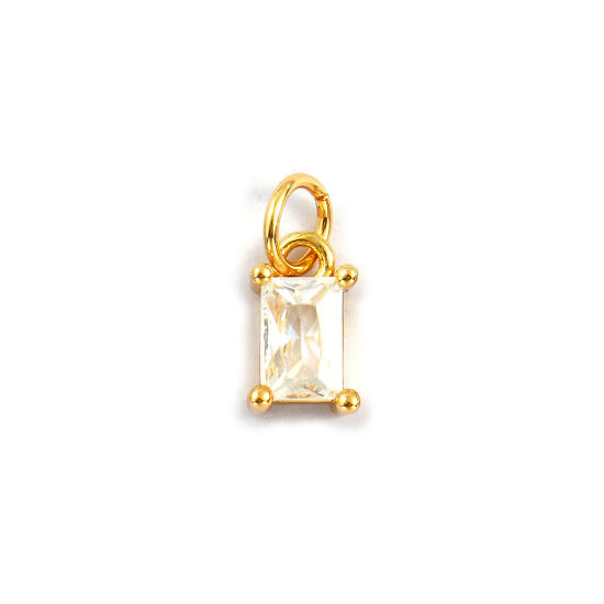 Image de 2 PCs Eco-friendly Brass Charms 18K Real Gold Plated Rectangle Clear Cubic Zirconia 13mm x 5.5mm