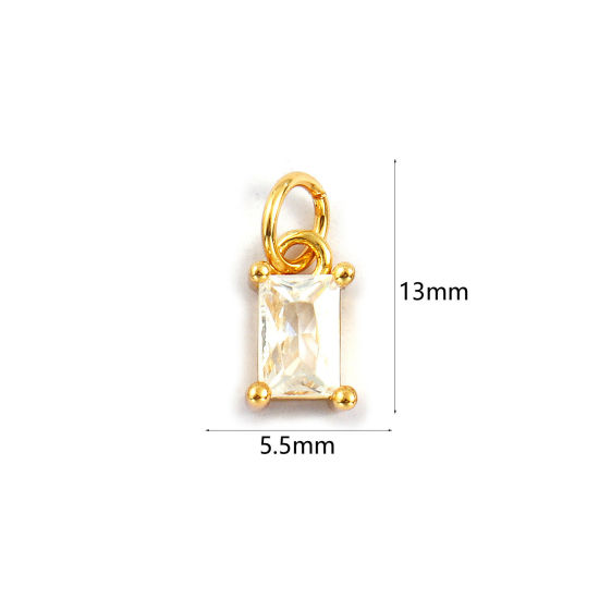 Image de 2 PCs Eco-friendly Brass Charms 18K Real Gold Plated Rectangle Clear Cubic Zirconia 13mm x 5.5mm