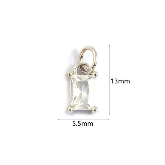Image de 2 PCs Eco-friendly Brass Charms Real Platinum Plated Rectangle Clear Cubic Zirconia 13mm x 5.5mm