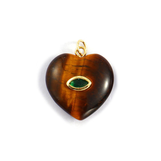 Immagine di 1 Pz Ecologico Ottone & Pietra di Occhi di Tigre San Valentino Ciondoli 18K Vero Oro Placcato Marrone Cuore Smeraldo Cubic Zirconiae 25mm x 20mm