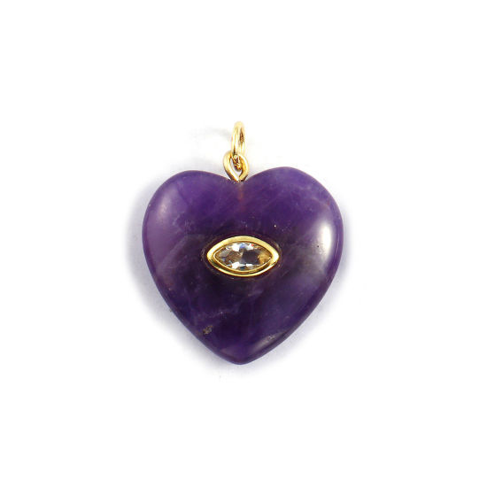 Immagine di 1 Pz Ecologico Ottone & Ametista San Valentino Ciondoli 18K Vero Oro Placcato Colore Viola Cuore Trasparente Cubic Zirconiae 25mm x 20mm