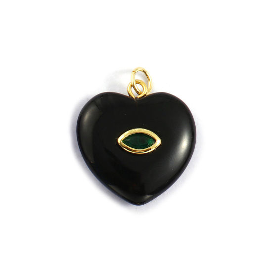 Immagine di 1 Pz Ecologico Ottone & Agata San Valentino Ciondoli 18K Vero Oro Placcato Nero Cuore Smeraldo Cubic Zirconiae 25mm x 20mm