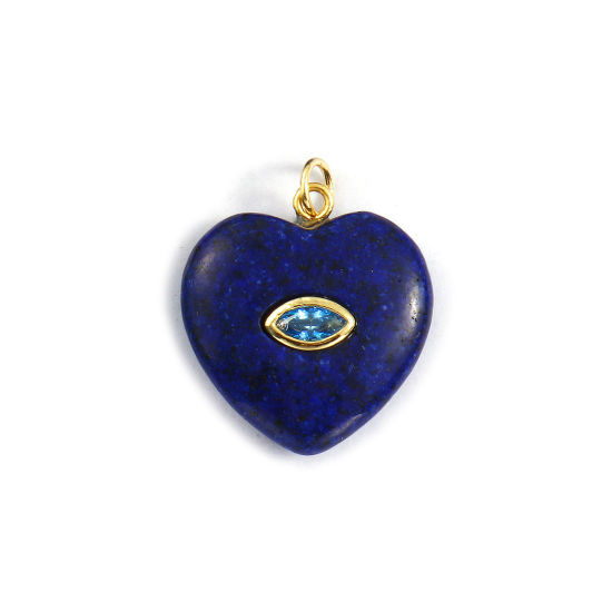 Immagine di 1 Pz Ecologico Ottone & Lapis San Valentino Ciondoli 18K Vero Oro Placcato Blu Scuro Cuore Blu Cubic Zirconiae 25mm x 20mm