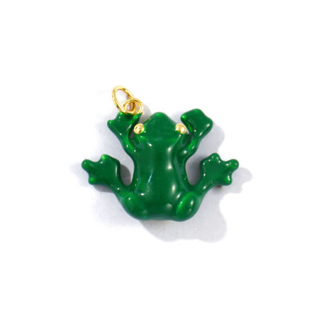 Picture of 1 Piece Eco-friendly Brass Pet Silhouette Charms 18K Real Gold Plated Green Enamel Frog Animal 3D 25mm x 23mm