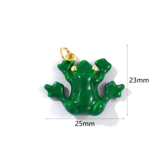 Image de 1 Pièce Breloques Silouette d'Animal Respectueux de la Nature en Laiton Plaqué Or Véritable 18K Vert Émail Grenouilles 3D 25mm x 23mm