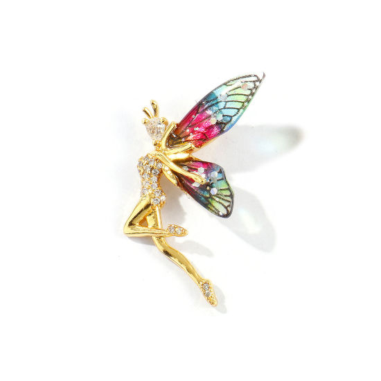 Image de 2 Pcs Pendentifs Collection de Conte de Fées Respectueux de la Nature en Laiton & Acrylique Plaqué Or Véritable 18K Multicolore Couleur du Dégradé Fée à Zircone Cubique Clair 3.6cm x 2.4cm