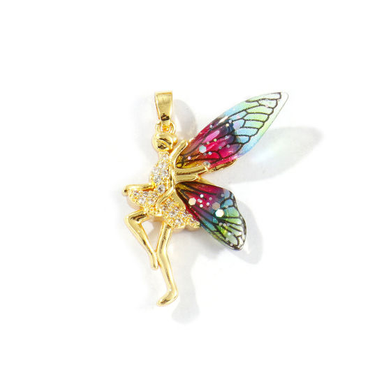 Image de 2 Pcs Pendentifs Collection de Conte de Fées Respectueux de la Nature en Laiton & Acrylique Plaqué Or Véritable 18K Multicolore Couleur du Dégradé Fée à Zircone Cubique Clair 3.6cm x 2.4cm
