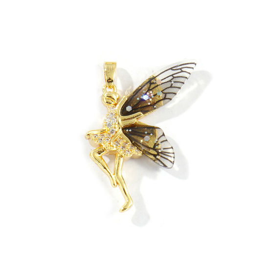 Image de 2 Pcs Pendentifs Collection de Conte de Fées Respectueux de la Nature en Laiton & Acrylique Plaqué Or Véritable 18K Noir Couleur du Dégradé Fée à Zircone Cubique Clair 3.2cm x 2.4cm