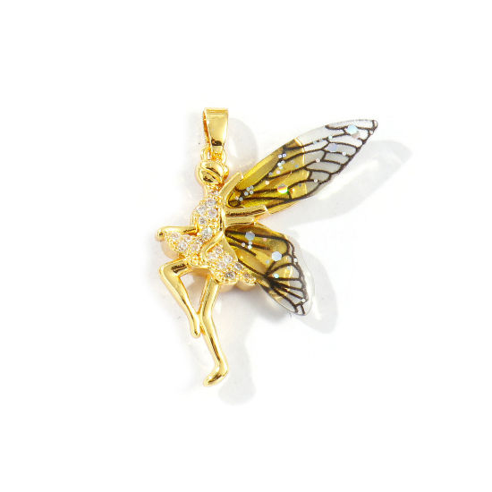 Image de 2 Pcs Pendentifs Collection de Conte de Fées Respectueux de la Nature en Laiton & Acrylique Plaqué Or Véritable 18K Noir Fée à Zircone Cubique Clair 3.2cm x 2.4cm