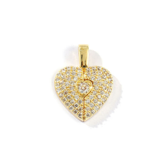 Image de 1 Piece Brass Valentine's Day Charms 18K Gold Plated Heart Can Open Clear Rhinestone 25mm x 19mm