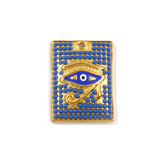 Picture of 1 Piece Eco-friendly PVD Vacuum Plating Waterproof Anti-Tarnish Hypoallergenic 304 Stainless Steel & Acrylic Religious Pendants 18K Real Gold Plated Dark Blue Enamel Rectangle The Eye Of Horus 3.5cm x 2.6cm