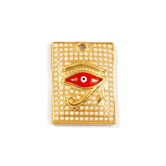 Picture of 1 Piece Eco-friendly PVD Vacuum Plating Waterproof Anti-Tarnish Hypoallergenic 304 Stainless Steel & Acrylic Religious Pendants 18K Real Gold Plated Red Enamel Rectangle The Eye Of Horus 3.5cm x 2.6cm