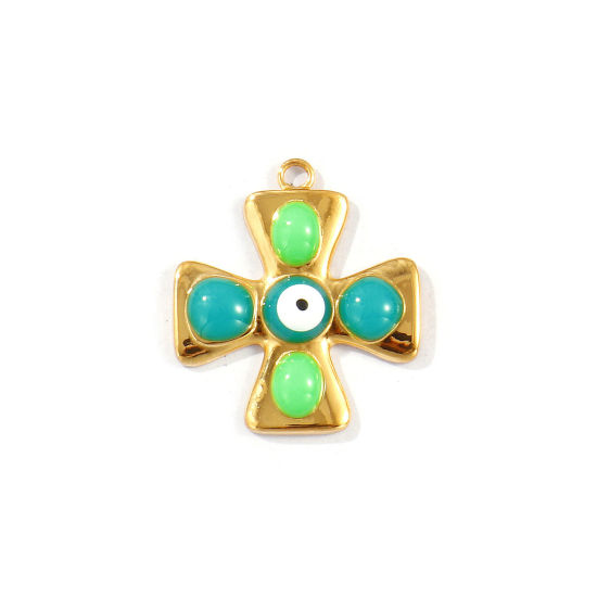 Picture of 1 Piece Eco-friendly PVD Vacuum Plating Waterproof Anti-Tarnish Hypoallergenic 304 Stainless Steel Religious Charms 18K Real Gold Plated Dark Green Enamel Cross Evil Eye 27mm x 24mm