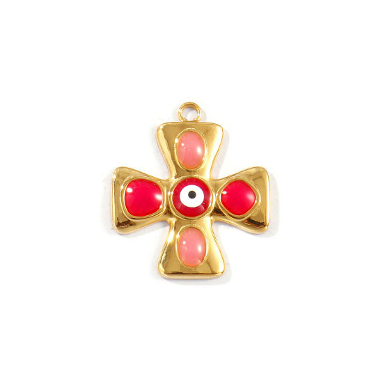 Picture of 1 Piece Eco-friendly PVD Vacuum Plating Waterproof Anti-Tarnish Hypoallergenic 304 Stainless Steel Religious Charms 18K Real Gold Plated Fuchsia Enamel Cross Evil Eye 27mm x 24mm