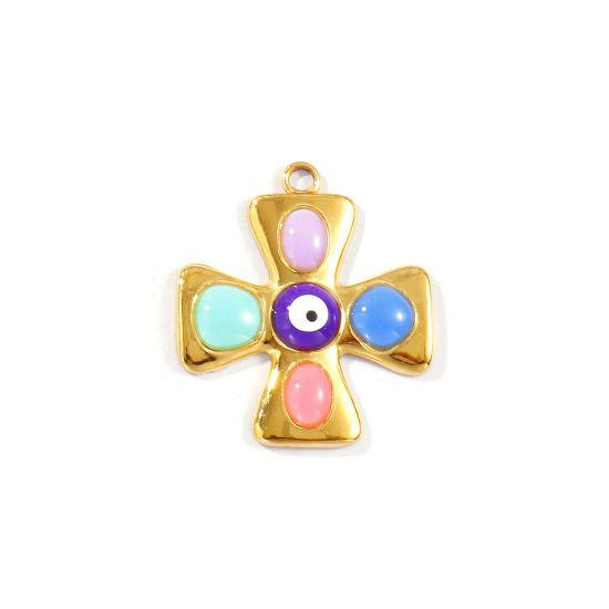 Picture of 1 Piece Eco-friendly PVD Vacuum Plating Waterproof Anti-Tarnish Hypoallergenic 304 Stainless Steel Religious Charms 18K Real Gold Plated Multicolor Enamel Cross Evil Eye 27mm x 24mm