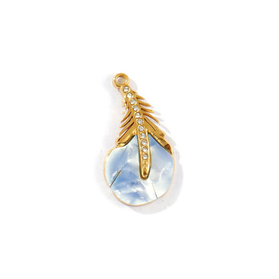 Picture of 2 PCs Eco-friendly PVD Vacuum Plating Waterproof Anti-Tarnish Hypoallergenic 304 Stainless Steel & Acrylic Charms 18K Real Gold Plated Gray Peacock Feather Clear Cubic Zirconia 25mm x 13mm