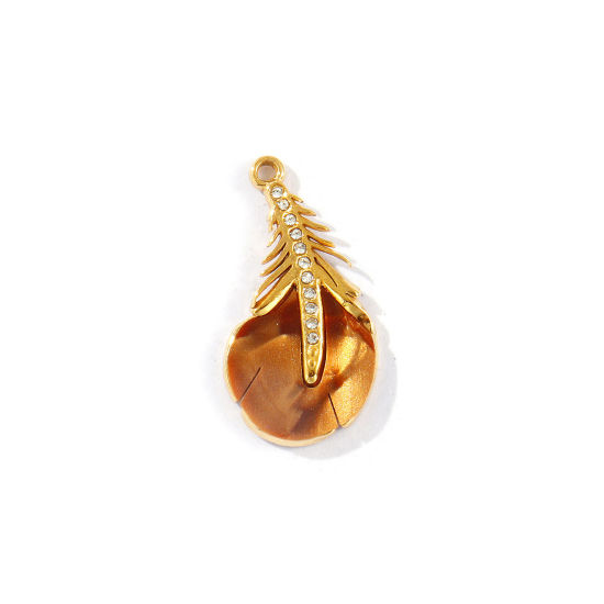 Picture of 2 PCs Eco-friendly PVD Vacuum Plating Waterproof Anti-Tarnish Hypoallergenic 304 Stainless Steel & Acrylic Charms 18K Real Gold Plated Brown Peacock Feather Clear Cubic Zirconia 25mm x 13mm