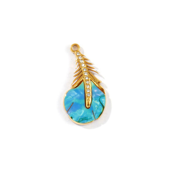 Picture of 2 PCs Eco-friendly PVD Vacuum Plating Waterproof Anti-Tarnish Hypoallergenic 304 Stainless Steel & Acrylic Charms 18K Real Gold Plated Green Blue Peacock Feather Clear Cubic Zirconia 25mm x 13mm