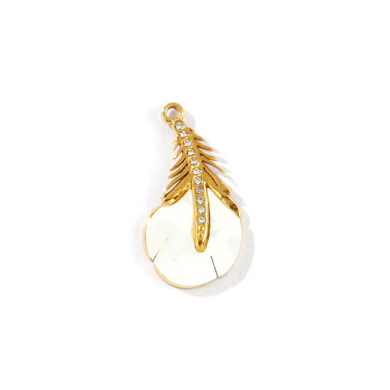 Picture of 2 PCs Eco-friendly PVD Vacuum Plating Waterproof Anti-Tarnish Hypoallergenic 304 Stainless Steel & Acrylic Charms 18K Real Gold Plated White Peacock Feather Clear Cubic Zirconia 25mm x 13mm