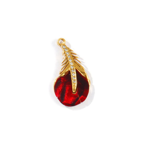 Picture of 2 PCs Eco-friendly PVD Vacuum Plating Waterproof Anti-Tarnish Hypoallergenic 304 Stainless Steel & Acrylic Charms 18K Real Gold Plated Wine Red Peacock Feather Clear Cubic Zirconia 25mm x 13mm