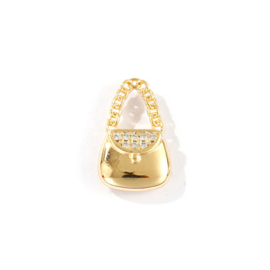 Imagen de 2 Unidades Respetuoso del Medio Ambiente Latón Ropa Colgantes 18K Oro Real Chapado Bolsa de mano Micro Pave Claro Circón Artificial 18mm x 11.5mm