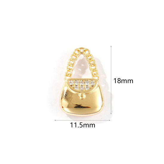 Imagen de 2 Unidades Respetuoso del Medio Ambiente Latón Ropa Colgantes 18K Oro Real Chapado Bolsa de mano Micro Pave Claro Circón Artificial 18mm x 11.5mm