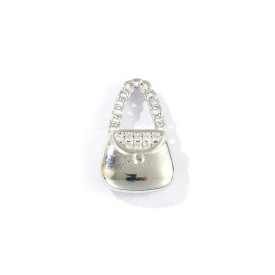 Imagen de 2 Unidades Respetuoso del Medio Ambiente Latón Ropa Colgantes Platino Real Chapado Bolsa de mano Micro Pave Claro Circón Artificial 18mm x 11.5mm