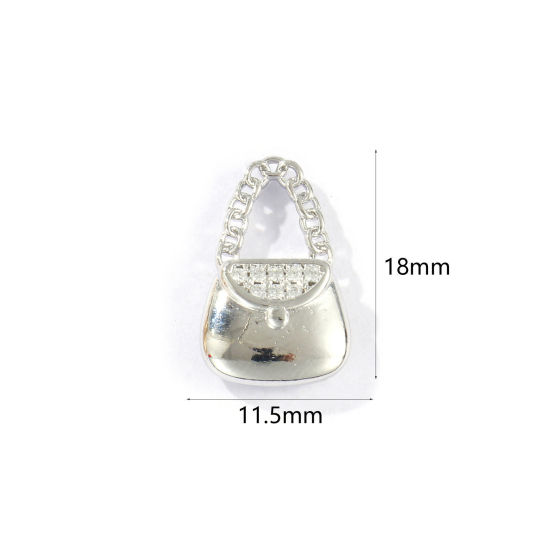 Imagen de 2 Unidades Respetuoso del Medio Ambiente Latón Ropa Colgantes Platino Real Chapado Bolsa de mano Micro Pave Claro Circón Artificial 18mm x 11.5mm