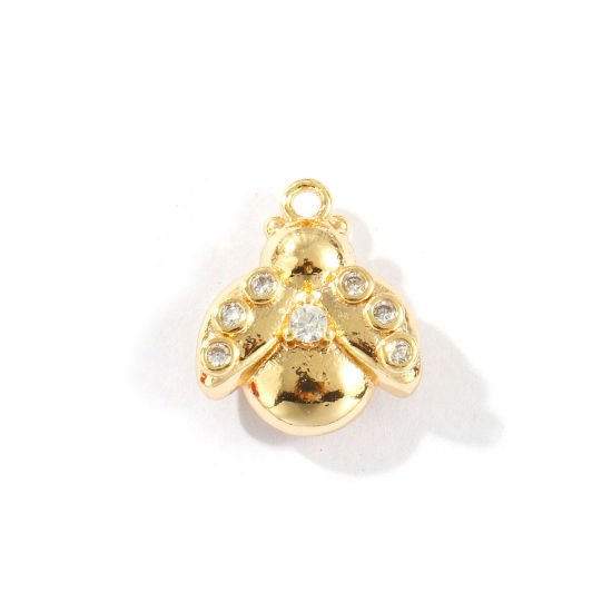 Image de 2 Pcs Breloques Insecte Respectueux de la Nature en Laiton Plaqué Or Véritable 18K Coccinelle Micro Pave à Zircone Cubique Clair 12.5mm x 11mm