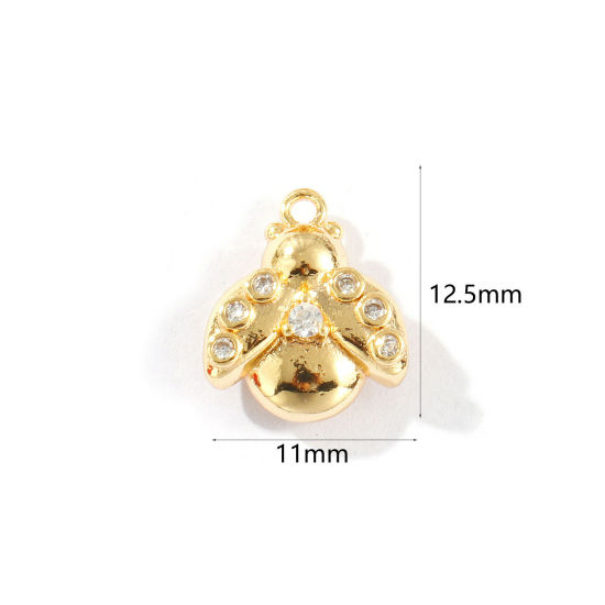 Image de 2 Pcs Breloques Insecte Respectueux de la Nature en Laiton Plaqué Or Véritable 18K Coccinelle Micro Pave à Zircone Cubique Clair 12.5mm x 11mm