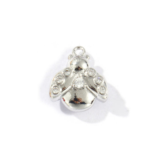 Image de 2 Pcs Breloques Insecte Respectueux de la Nature en Laiton Plaqué Platine Véritable Coccinelle Micro Pave à Zircone Cubique Clair 12.5mm x 11mm