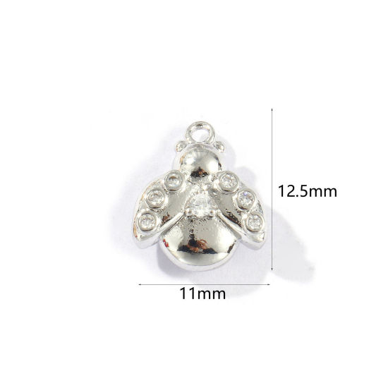 Image de 2 Pcs Breloques Insecte Respectueux de la Nature en Laiton Plaqué Platine Véritable Coccinelle Micro Pave à Zircone Cubique Clair 12.5mm x 11mm