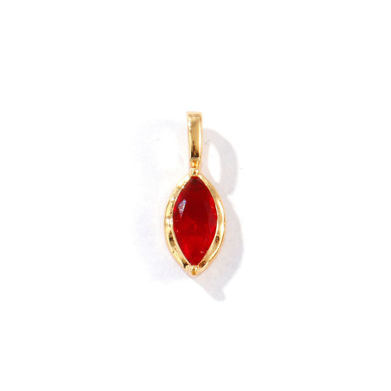Picture of 2 PCs Eco-friendly Brass Birthstone Charms 18K Real Gold Plated Marquise January Wine Red Rhinestone 15mm x 5.5mm