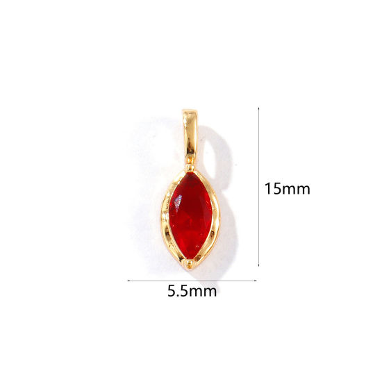 Picture of 2 PCs Eco-friendly Brass Birthstone Charms 18K Real Gold Plated Marquise January Wine Red Rhinestone 15mm x 5.5mm