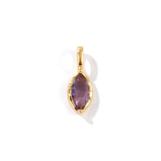 Picture of 2 PCs Eco-friendly Brass Birthstone Charms 18K Real Gold Plated Marquise February Purple Rhinestone 15mm x 5.5mm