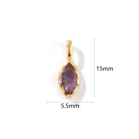 Picture of 2 PCs Eco-friendly Brass Birthstone Charms 18K Real Gold Plated Marquise February Purple Rhinestone 15mm x 5.5mm
