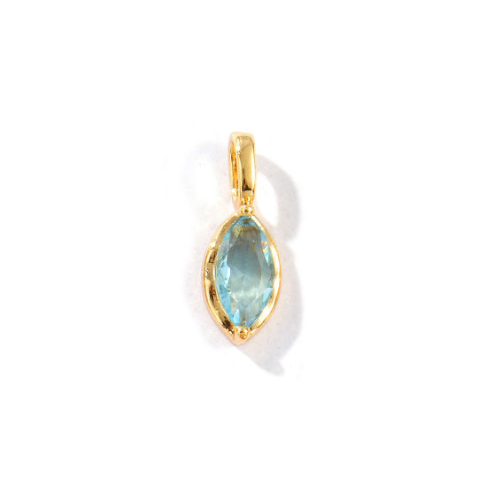 Picture of 2 PCs Eco-friendly Brass Birthstone Charms 18K Real Gold Plated Marquise December Green Blue Rhinestone 15mm x 5.5mm
