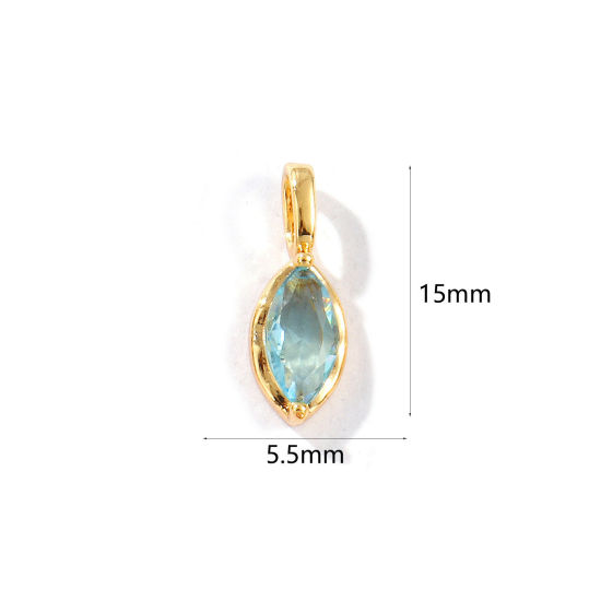 Picture of 2 PCs Eco-friendly Brass Birthstone Charms 18K Real Gold Plated Marquise December Green Blue Rhinestone 15mm x 5.5mm