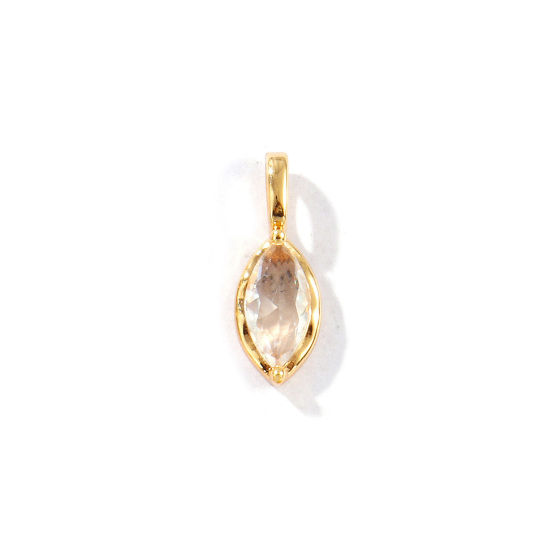 Picture of 2 PCs Eco-friendly Brass Birthstone Charms 18K Real Gold Plated Marquise April Clear Rhinestone 15mm x 5.5mm