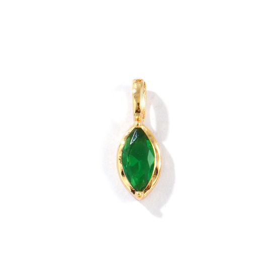 Picture of 2 PCs Eco-friendly Brass Birthstone Charms 18K Real Gold Plated Marquise May Green Rhinestone 15mm x 5.5mm
