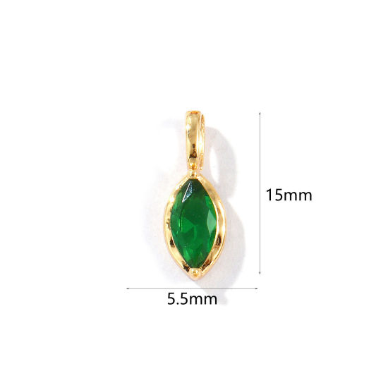Picture of 2 PCs Eco-friendly Brass Birthstone Charms 18K Real Gold Plated Marquise May Green Rhinestone 15mm x 5.5mm